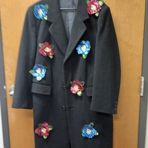 Black Casmere Oversized Coat with Colorful Floral Embellishments
